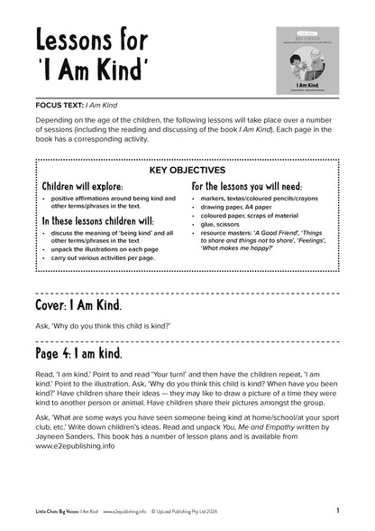 Lesson Plan for the Book 'I Am Kind'. Includes; key objectives, resource and resource masters
