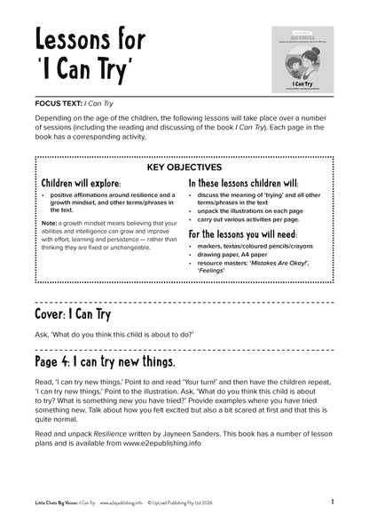 Lesson Plan for the Book 'I Can Try'. Includes; key objectives, resource and resource masters