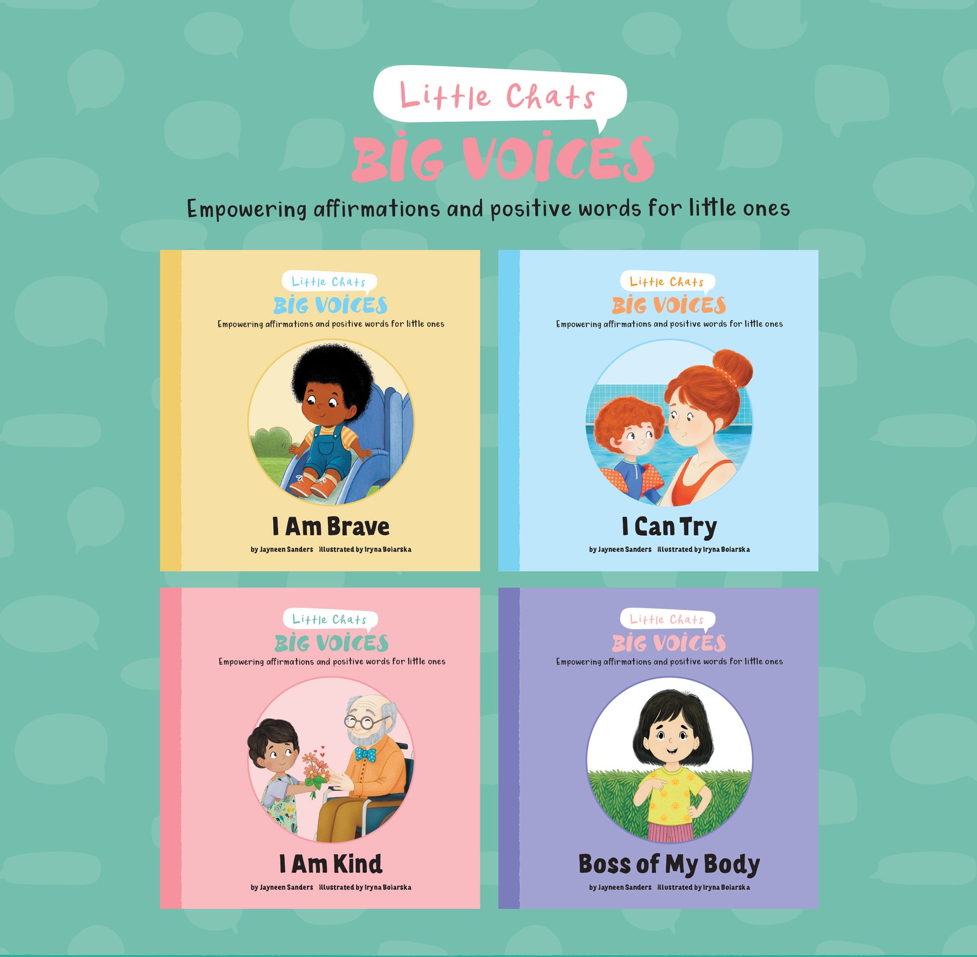 Four children's books titled 'I Am Brave', 'I Can Try', 'I Am Kind', and 'Boss of My Body' on a green background.