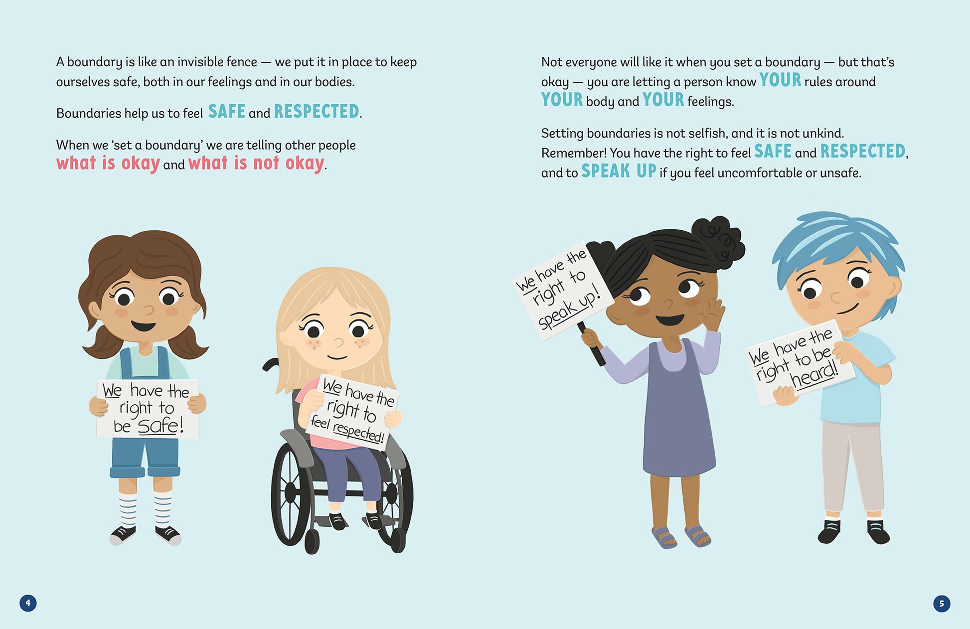 Illustrated page spread from the children's book 'Respect Me! Respect My Boundaries!' by Jayneen Sanders. On the left page there is two kids holding signs. One reads 'We have the right to be safe!' and the other reads 'We have the right to feel respected!'. On the right page there is two children holding signs. One reads 'We have the right to speak up!' and the other says 'We have the right to be heard!'