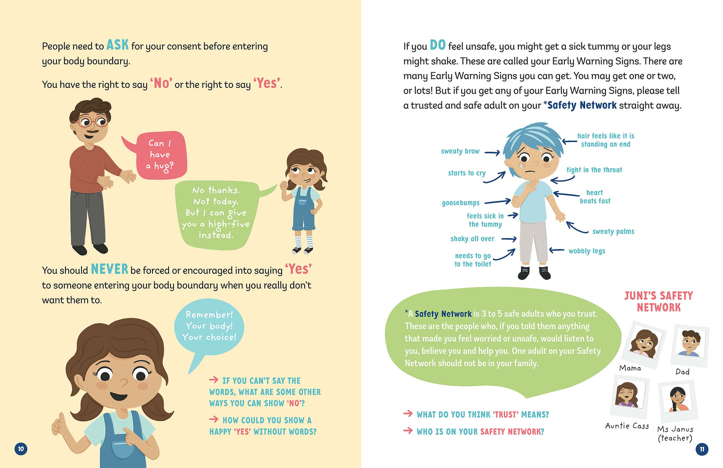 Illustrated page spread with text from the children's book 'Respect Me! Respect My Boundaries!' by Jayneen Sanders. On the left page there is a child explaining the concept of consent. On the right page there is a diagram of a child's early warning signs and safety network.
