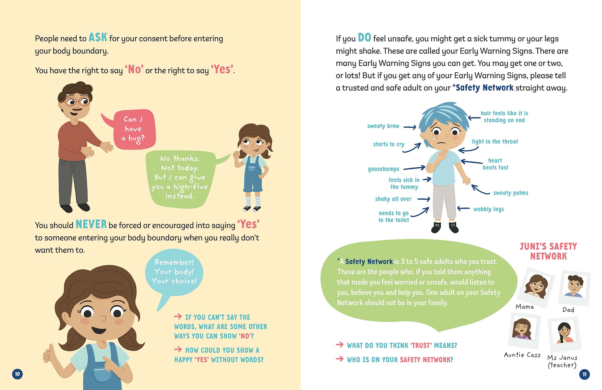 Illustrated page spread with text from the children's book 'Respect Me! Respect My Boundaries!' by Jayneen Sanders. On the left page there is a child explaining the concept of consent. On the right page there is a diagram of a child's early warning signs and safety network.
