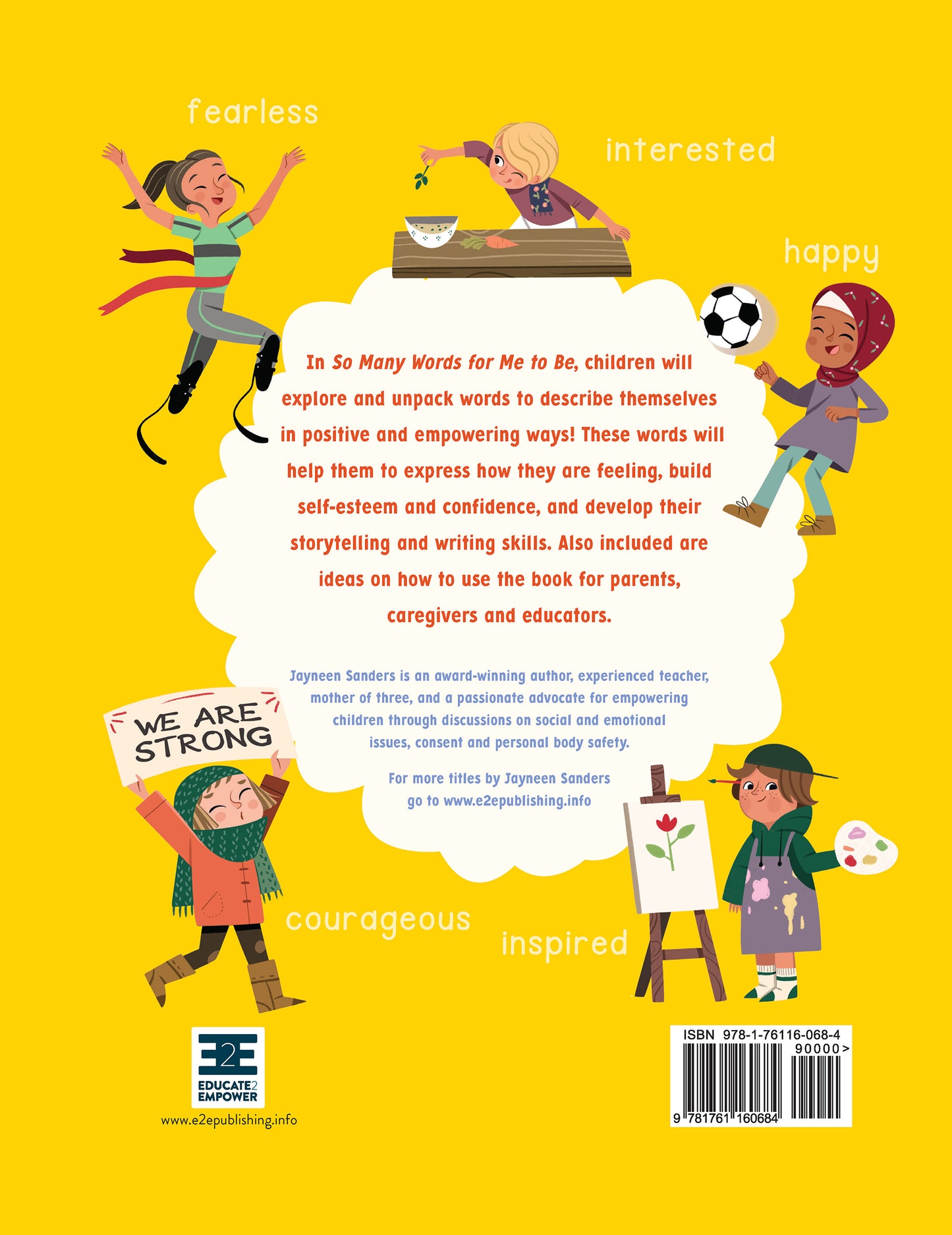 Back cover of the children's book 'So Many Words for Me to Be' by Jayneen Sanders, with an illustration of many children happily undertaking different activities surrounded by positive adjectives on a yellow background.
