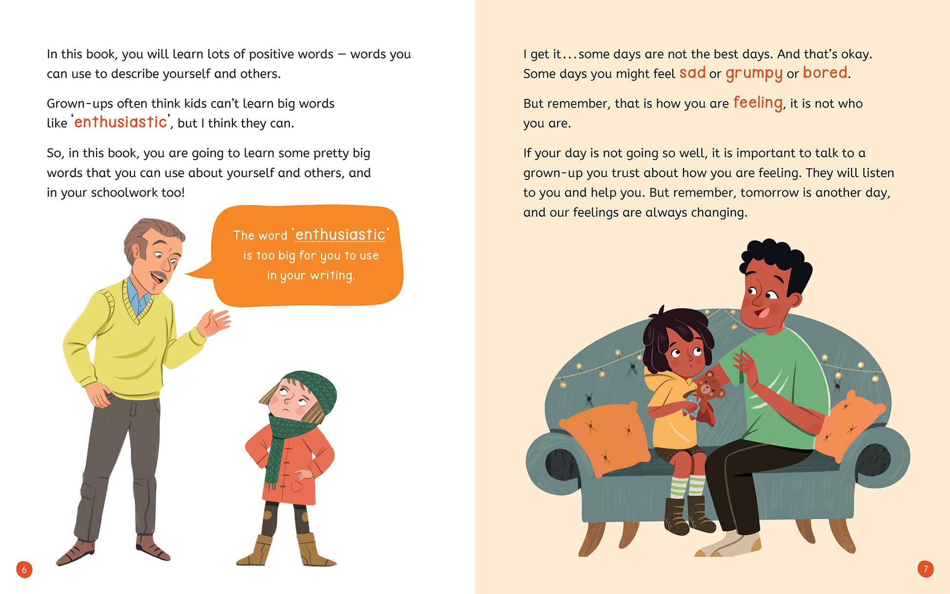 Illustrated page spread with text from the children's book 'So Many Words for Me to Be' by Jayneen Sanders. On the left page there is an adult telling a child that the word 'enthusiastic' is too big for them. On the right page there is an image of a child talking about their feelings with a parent.
