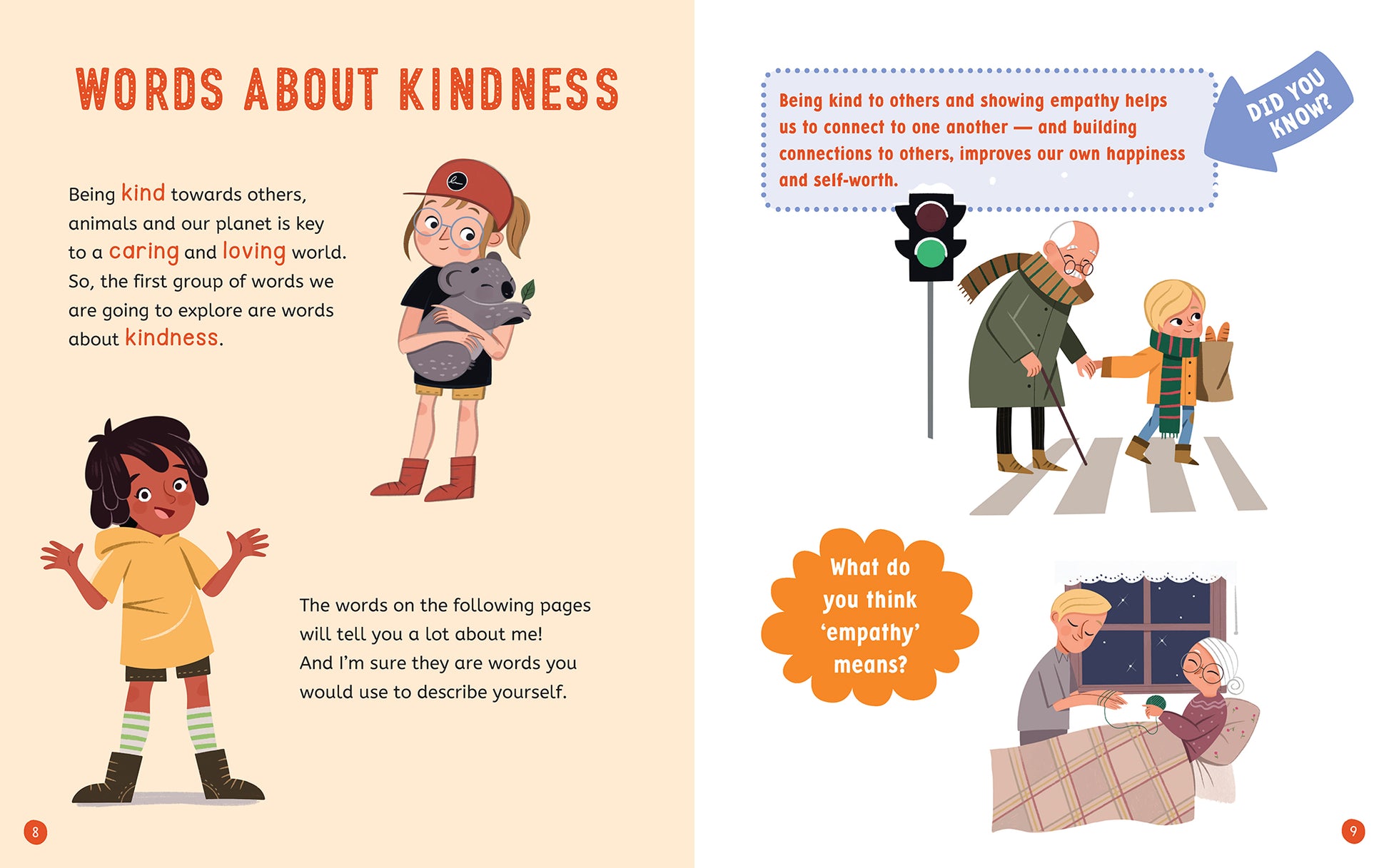 Illustrated page spread with text from the children's book 'So Many Words for Me to Be' by Jayneen Sanders. On the left page there is a list of 'kindness ' words with some happy children. On the right page there is a description of empathy and images of a child helping elderly people.
