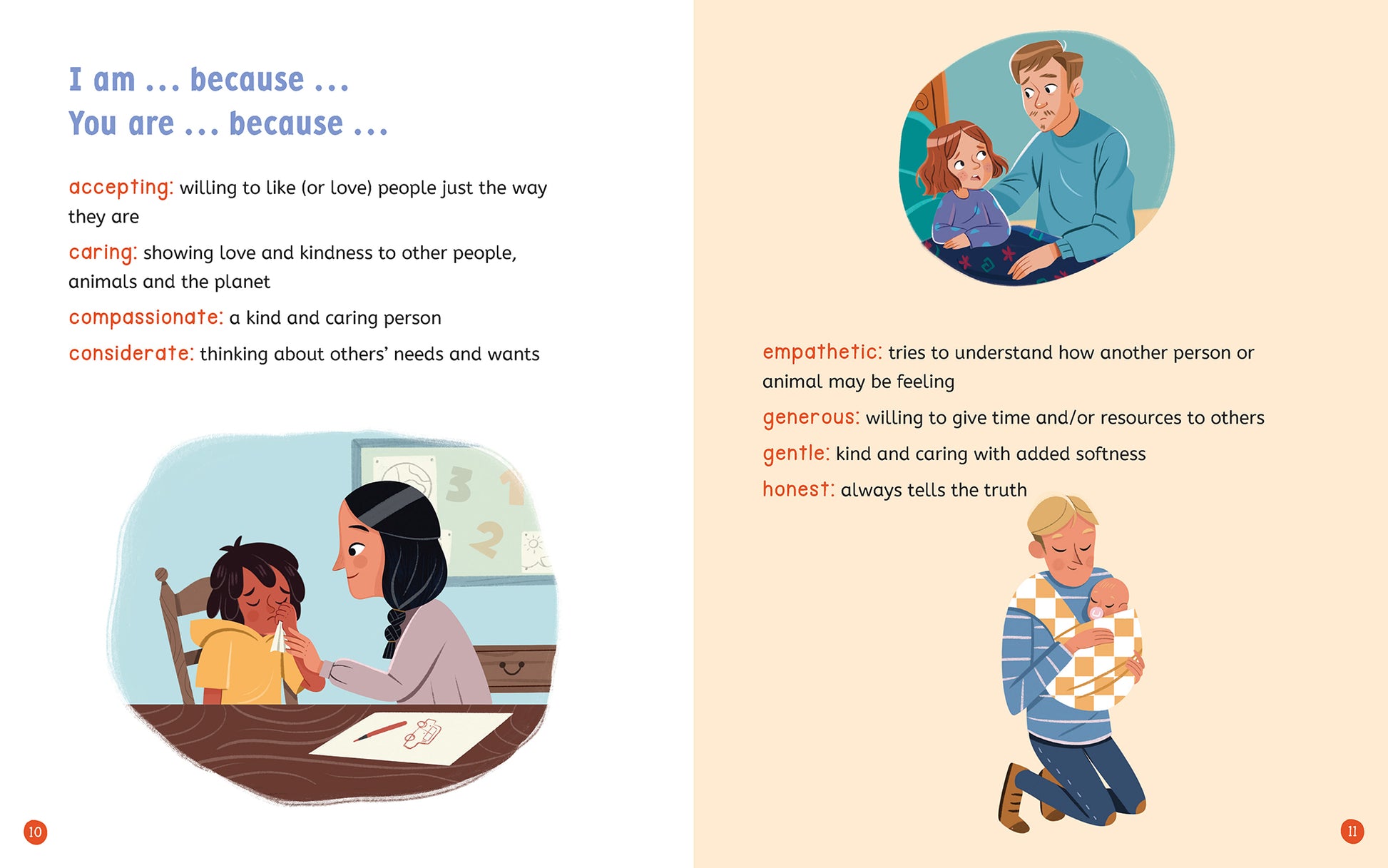 Illustrated page spread with text from the children's book 'So Many Words for Me to Be' by Jayneen Sanders. On the left page there is words about kindness and an image of a crying child being comforted. On the right page there is words about empathy and an iamge of a father listening to his child and another of a father holding a baby in a sling.
