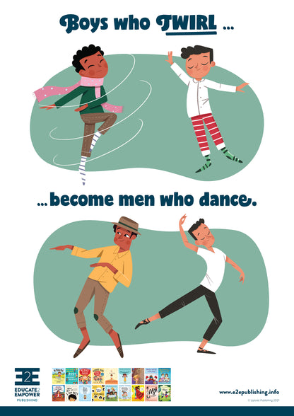 A poster for children titled 'Boys who twirl... become men who dance.' This is accompanied by a cartoon image of two young boys dancing and below this the same boys as adults pursuing careers as dancers.