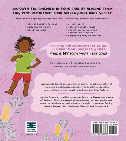 The back cover of the book 'My Body! what I Say Goes! Kiah's Edition.' by Jayneen Sanders
