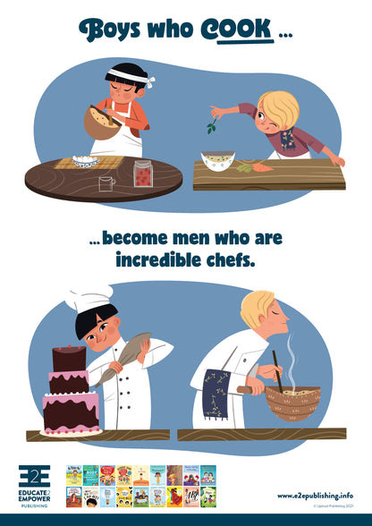 A poster for children titled 'Boys who cook... become men who are incredible chefs.' this is accompanied by a cartoon image of two young boys enthusiastically cooking. Below this the same boys, as adults, are working as chefs. 