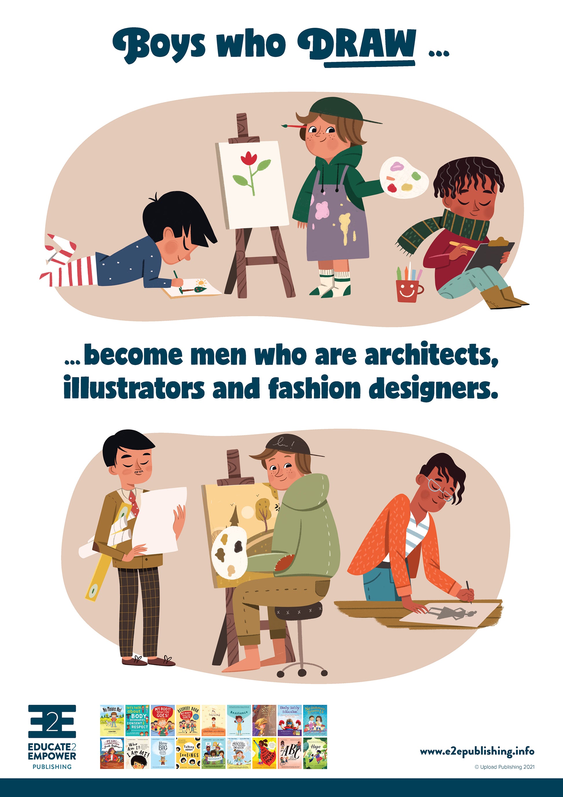 A poster for children titled 'Boys who draw... become men who are architects, illustrators and fashion designers. This is accompanied by a cartoon image of three young boys drawing and painting. Below this is the same boys working as an architect, an artist and a fashion designer.