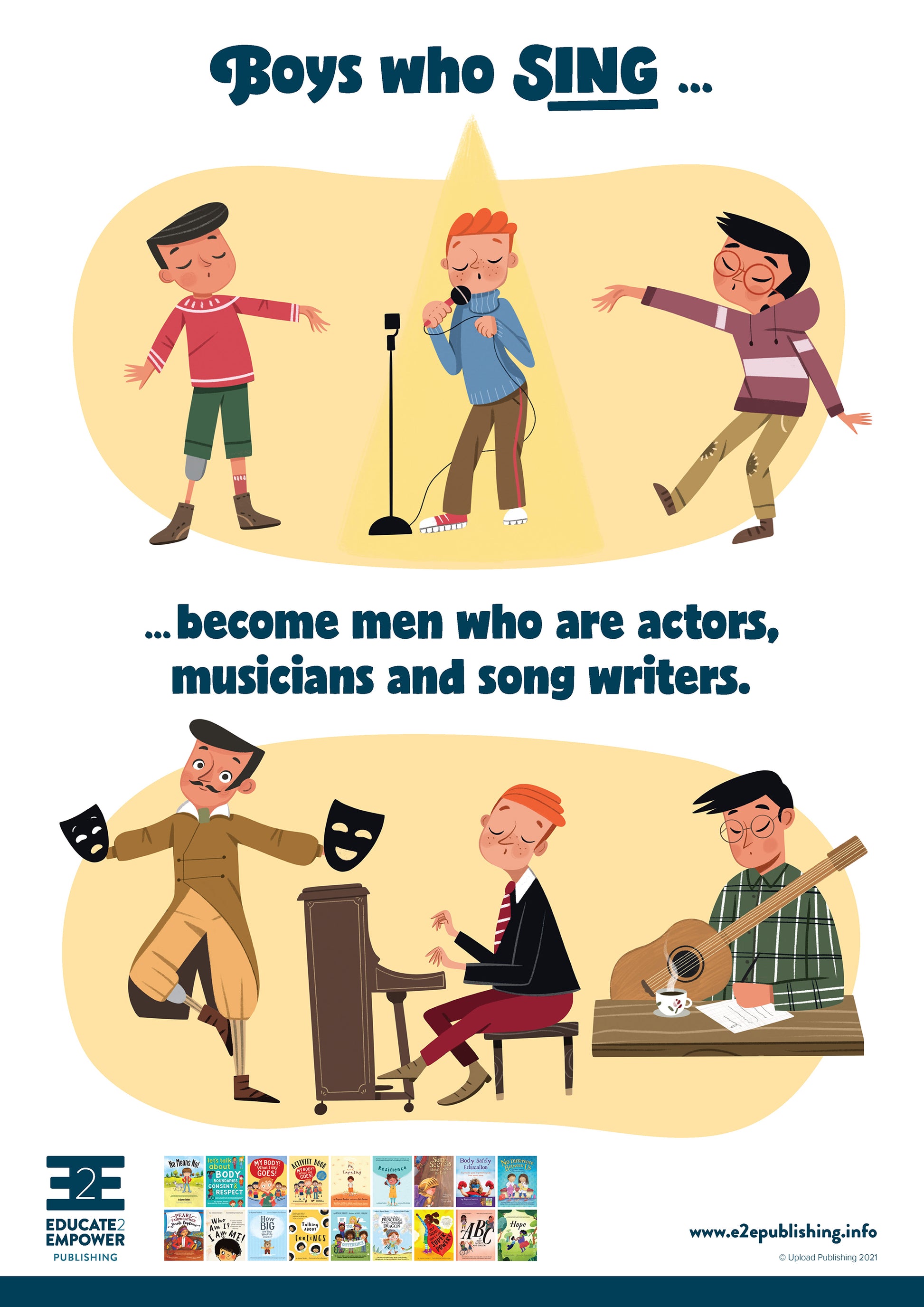 A poster for children titled 'Boys who sing... become men who are actors, musicians and song writers. This is accompanied by a cartoon image of three young boys acting, singing and dancing. Below this the same three boys, as adults, are pursuing careers in acting and music.