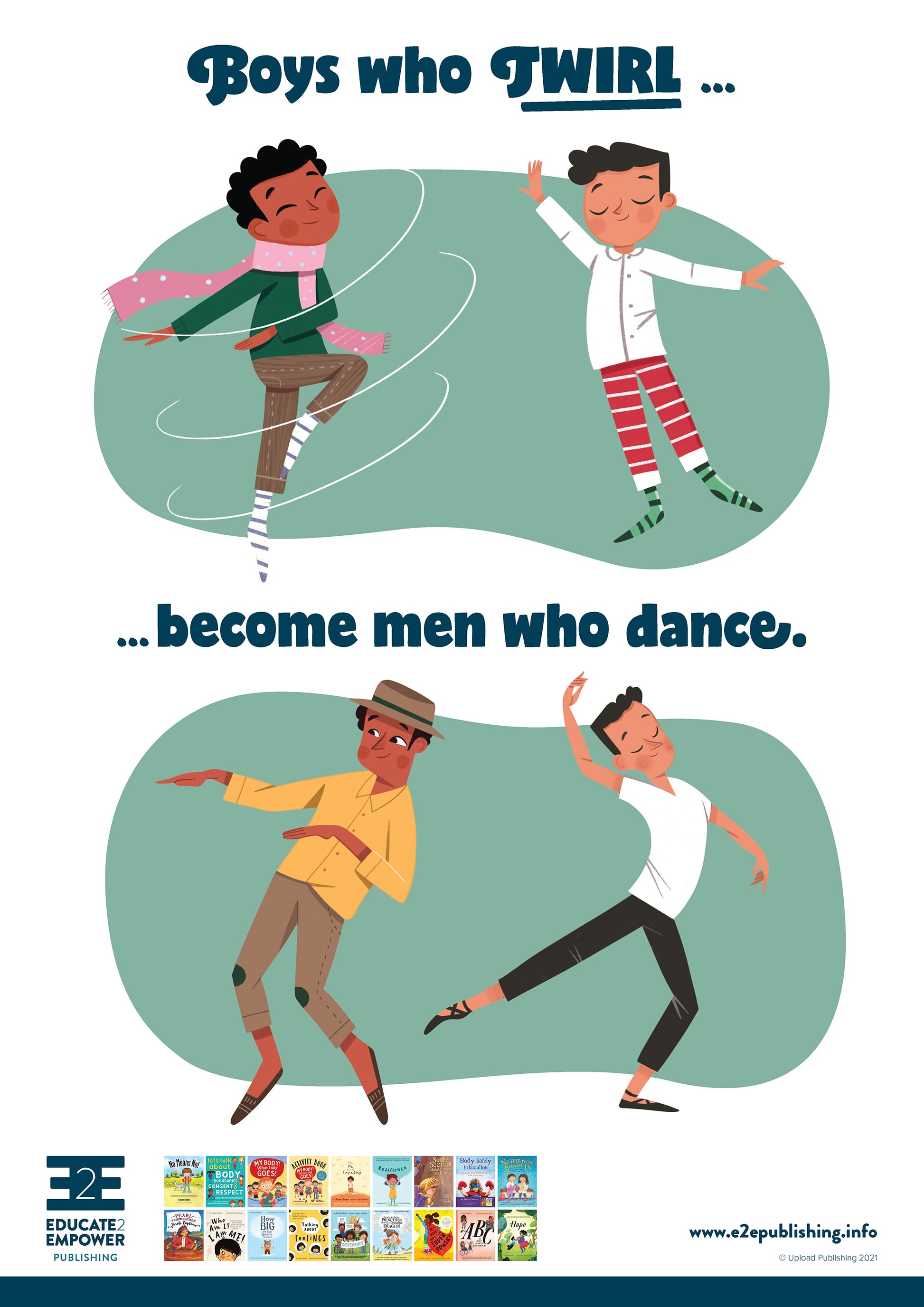 A poster for children titled 'Boys who twirl... become men who dance.' This is accompanied by a cartoon image of two young boys dancing. Below this the same boys are, as adults, working as professional dancers.