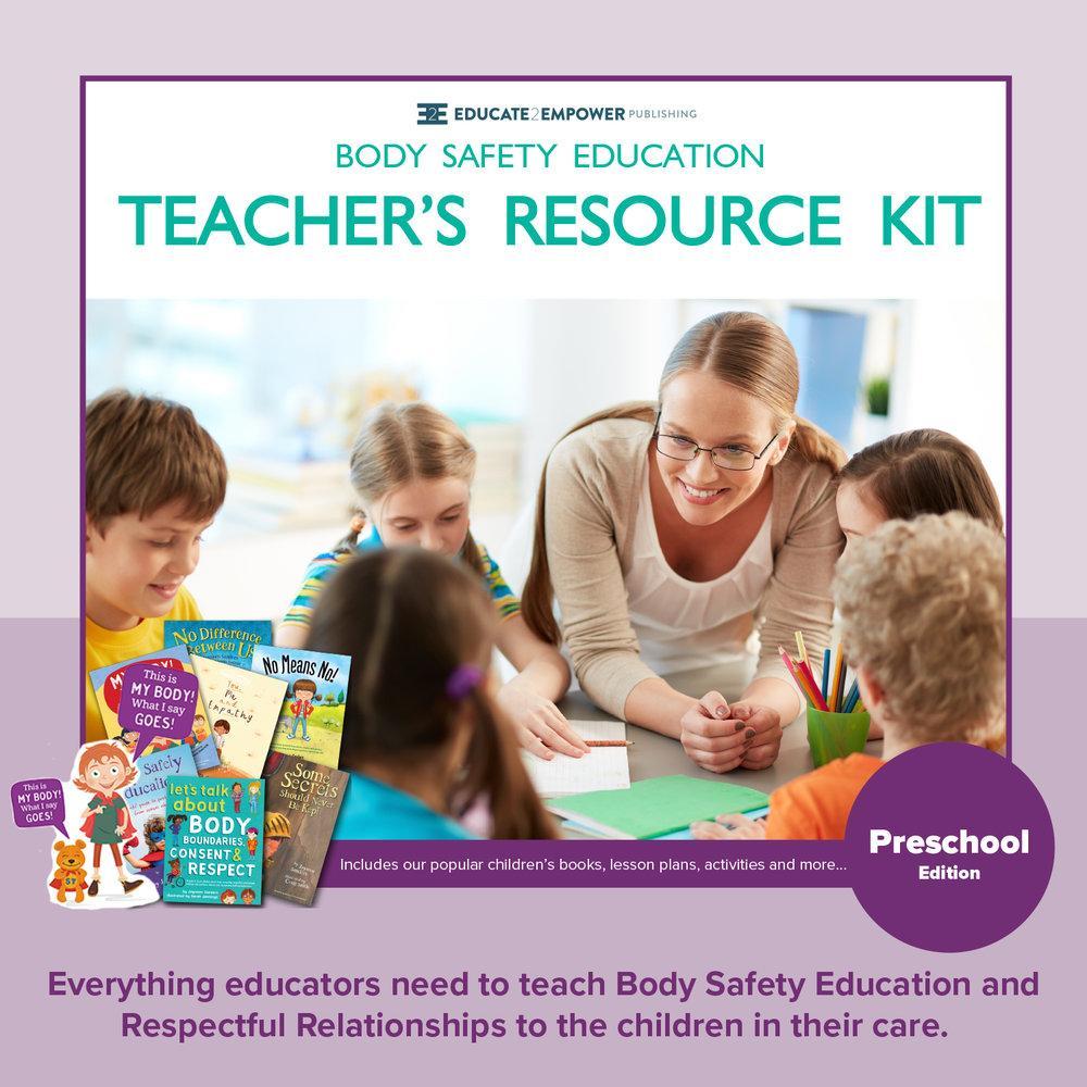 A promotional image for the Body Safety Education Resource Kit showing a teacher and students. Captioned with "Everything educators need to teach Body Safety Education and Respectful Relationships to the children in their care.