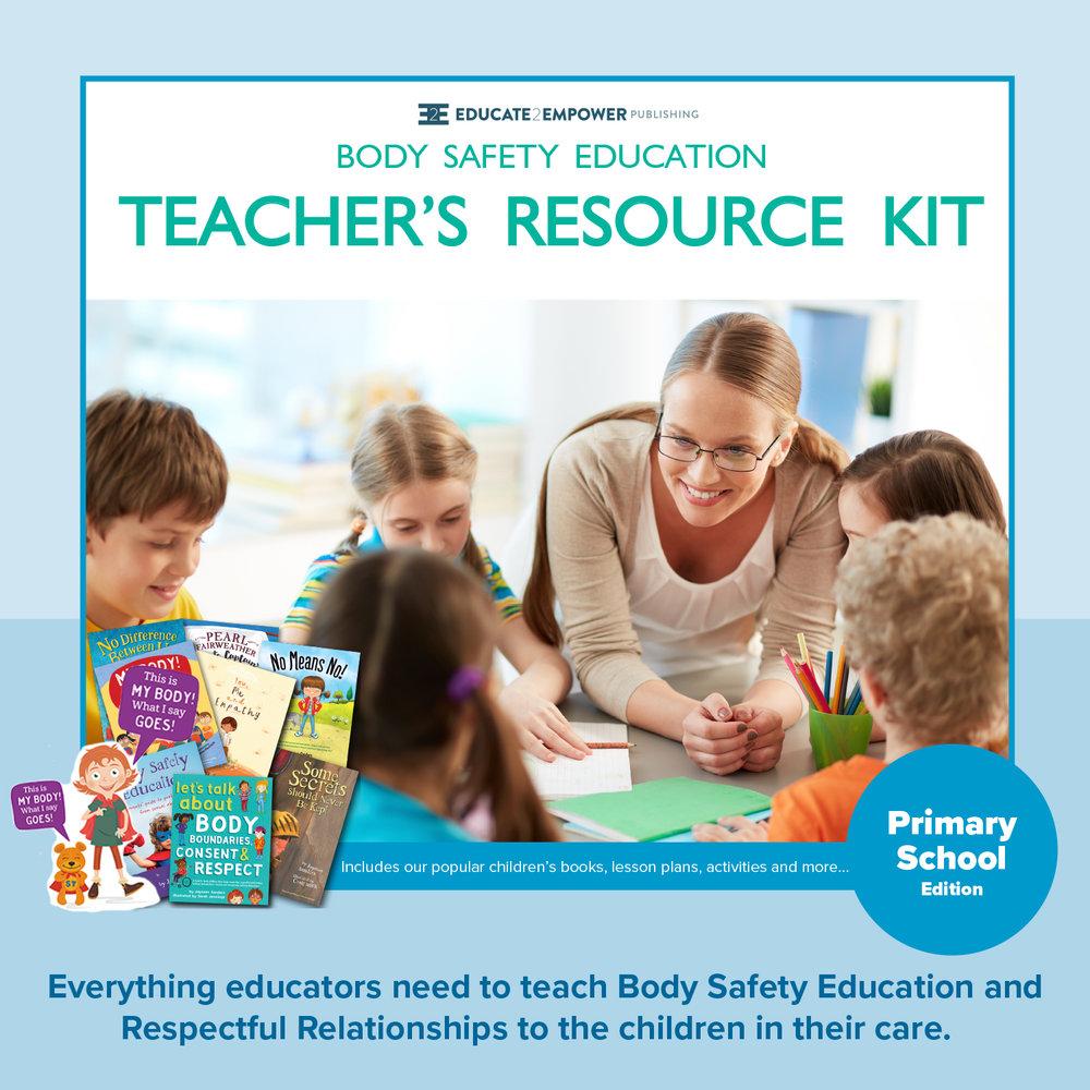 A promotional image for the Body Safety Education Resource Kit showing a teacher and students. Captioned with "Everything educators need to teach Body Safety Education and Respectful Relationships to the children in their care.