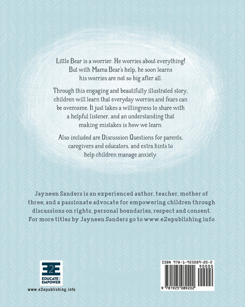 The back cover of the book ‘How Big Are Your Worries Little Bear?’ by Jayneen Sanders.