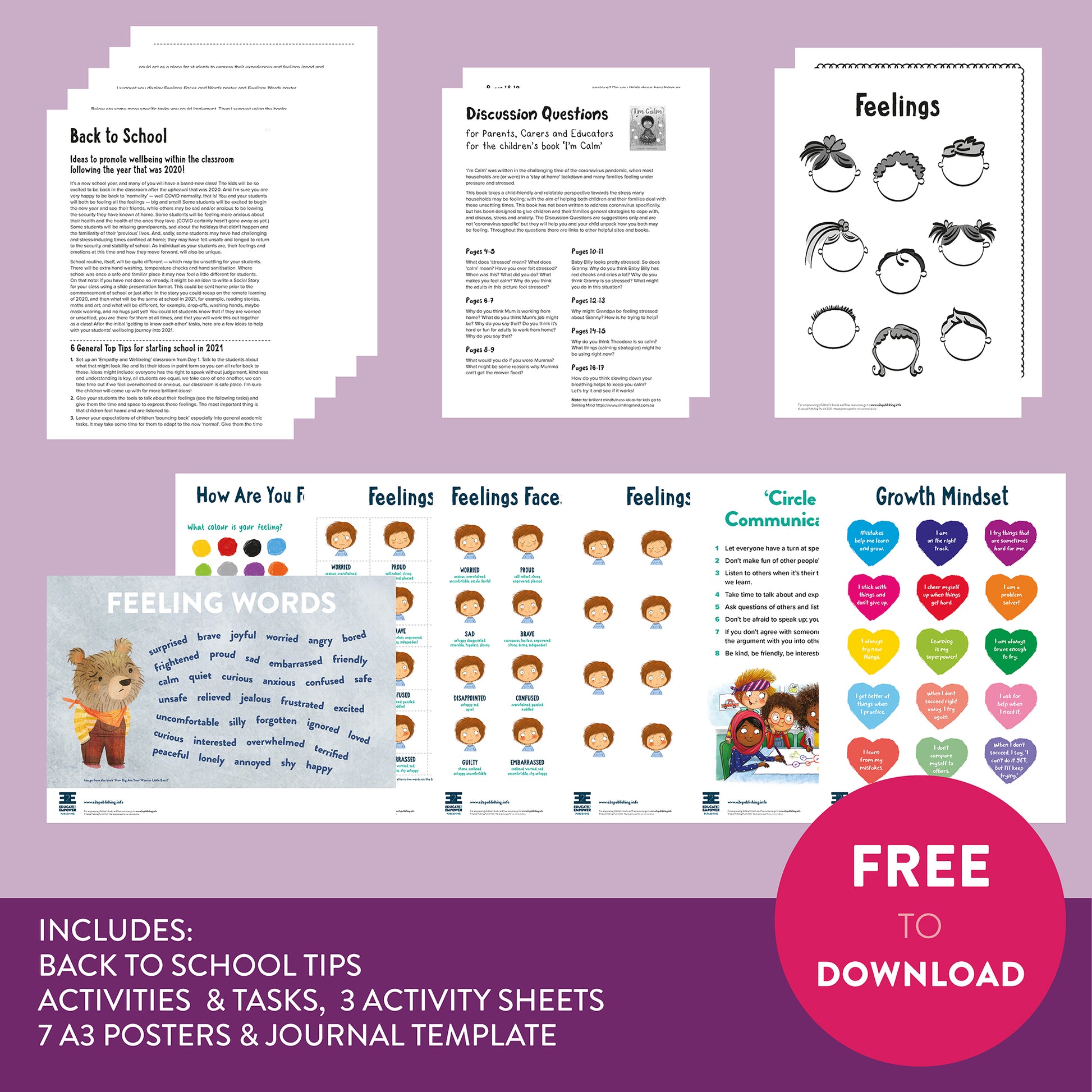 A promotional image showing the activity sheets and lesson plans included in the free 'Back to School' Bundle.