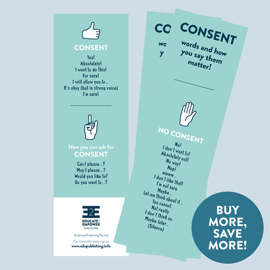 A collage of bookmarks on which there are many examples of words used to ask for and refuse or provide consent.