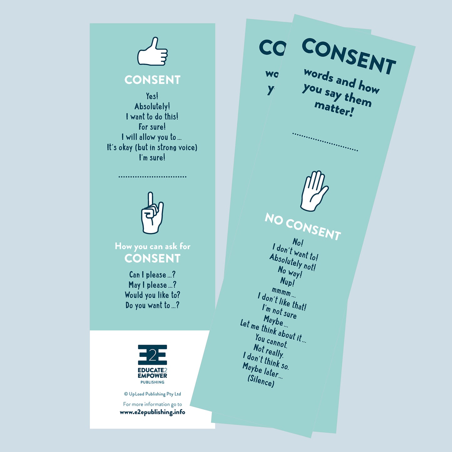 A collage of bookmarks on which there are many examples of words used to ask for and refuse or provide consent.