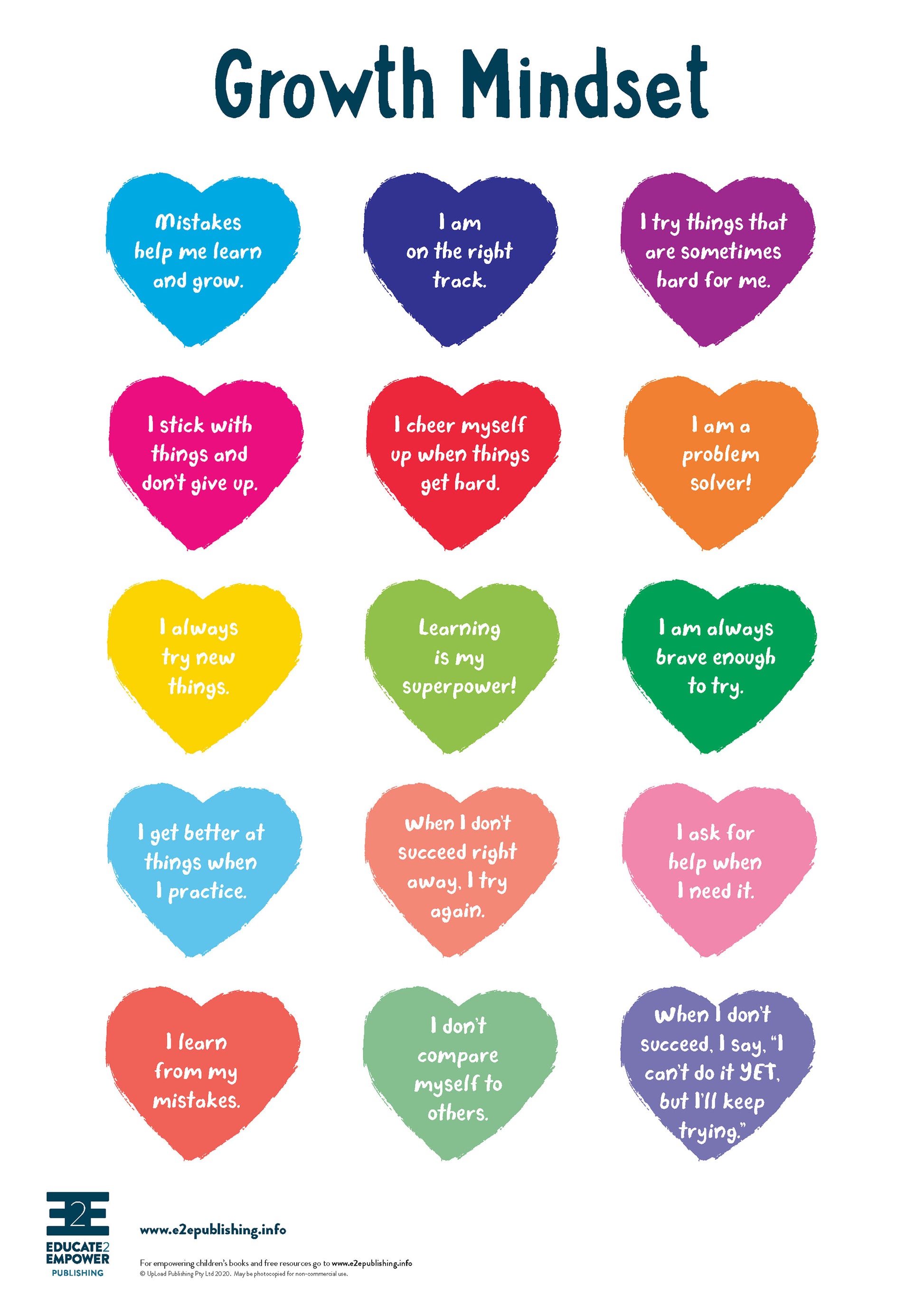 A children's activity sheet with 15 heart shapes, each containing a positive affirmation.