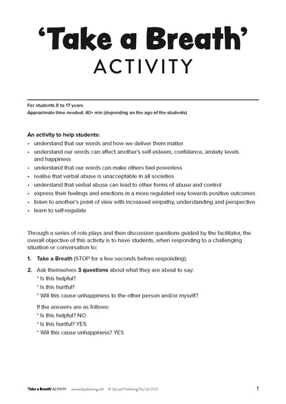 Page one of the activity sheet collection title 'Take A Breath'.