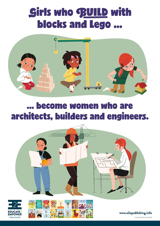 A poster for children titled 'Girls who build with blocks and lego... become women who are architects, builders and engineers.' This is accompanied by a cartoon image of three young girls playing with blocks, below this the same three girls as adults are pursuing careers in construction and design.