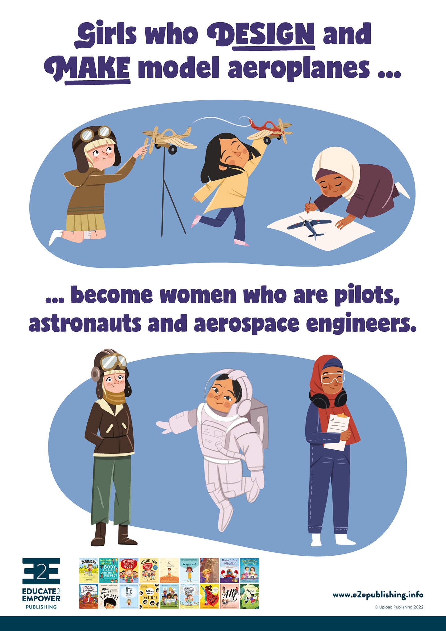 A poster for children titled 'Girls who design and make model aeroplanes... become women who are pilots, astronauts and aerospace engineers. This is accompanied by a cartoon image of three young girls drawing, making a playing with model aeroplanes and below this the same girls as adults working in aeronautical occupations.
