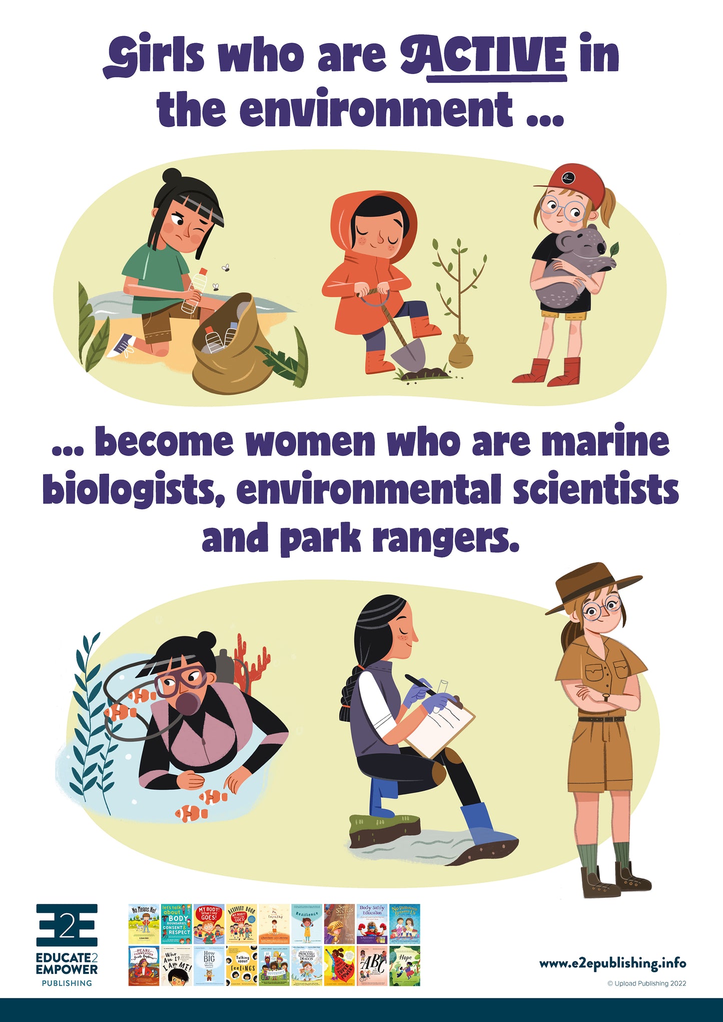 A Poster for children titled 'Girls who are Active in the Environment... become women who are marine biologists, environmental scientists and park ranges.' This is accompanied by a cartoon image of three young girls engaged in environmental conservation and below this, the same three girls as adults pursuing careers in environmental occupations.