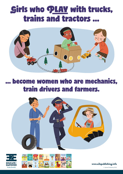 A poster for children titled 'Girls who play with trucks, trains and tractors... become women who are mechanics, train drivers and farmers.' This is accompanied by a cartoon image of three young girls who are playing with trucks, tractors and trains. Below this the same girls as adults are undertaking related occupations. 