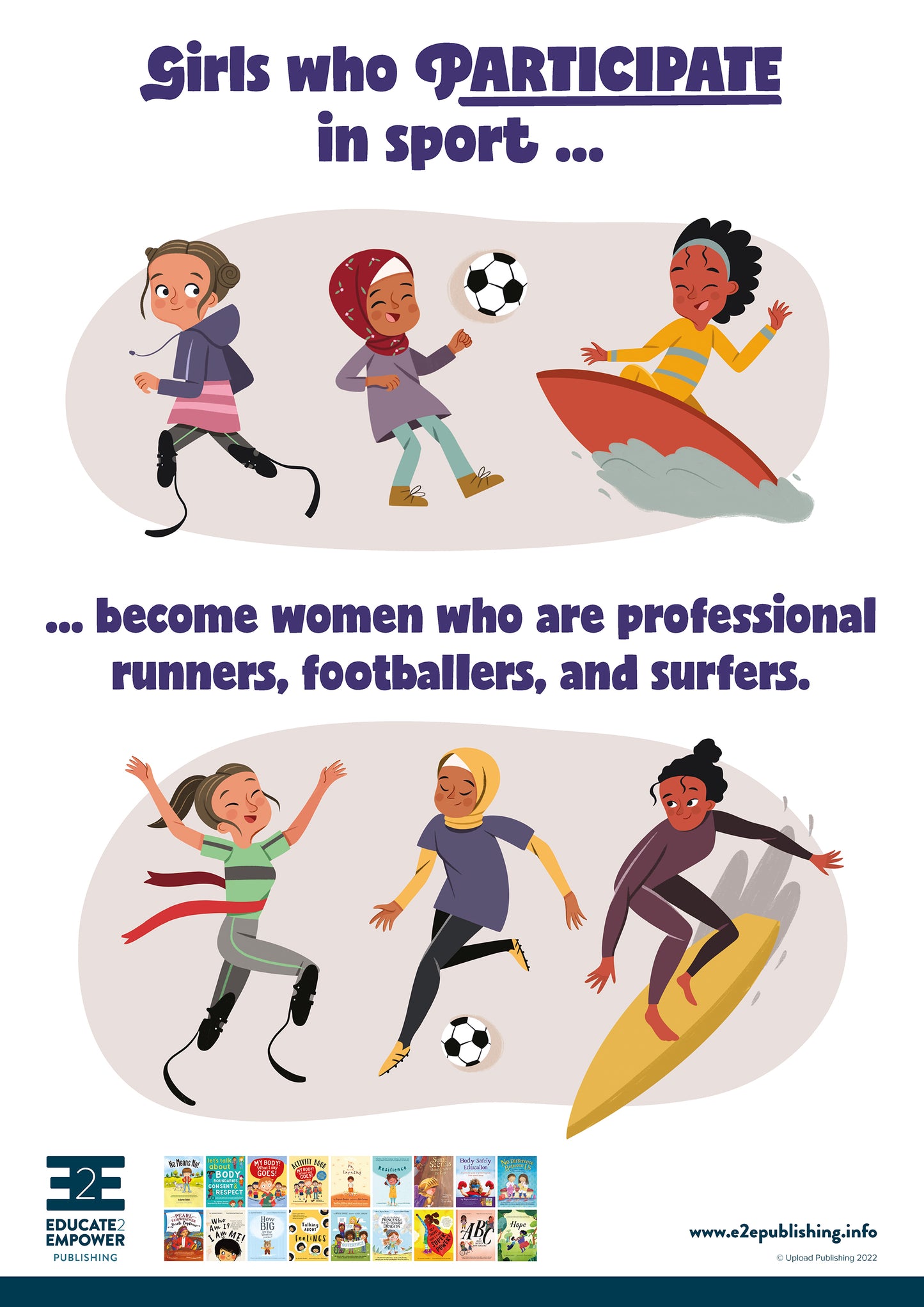 A poster for children titled 'Girls who participate in sport... become women who are professional runners, footballers and surfers.' This is accompanied by cartoon images of three young girls running, playing football and surfing, and below this the same girls as adults working as professional athletes.