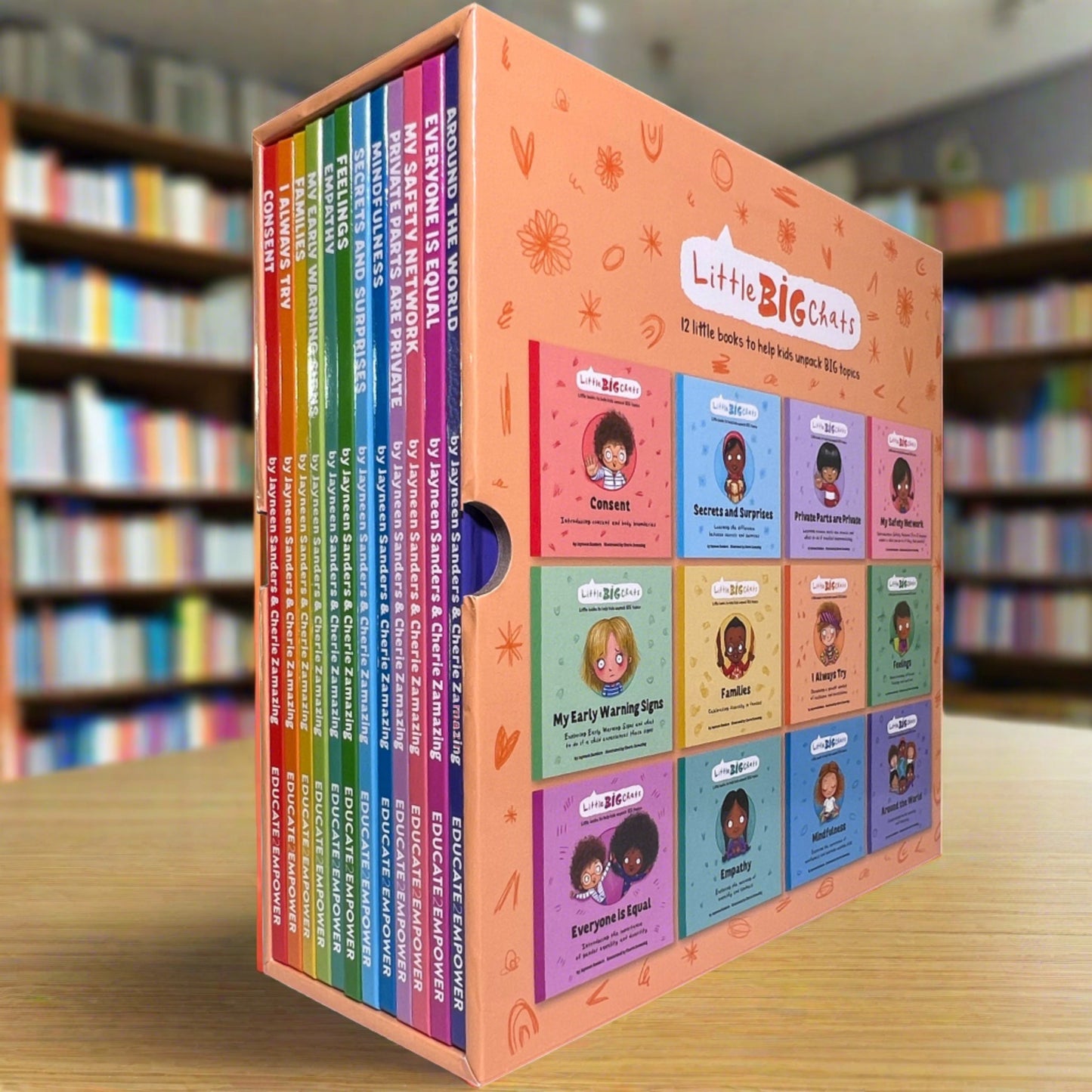 An image of the 'Little BIG Chats' set of 12 hardcover books in a slipcase.