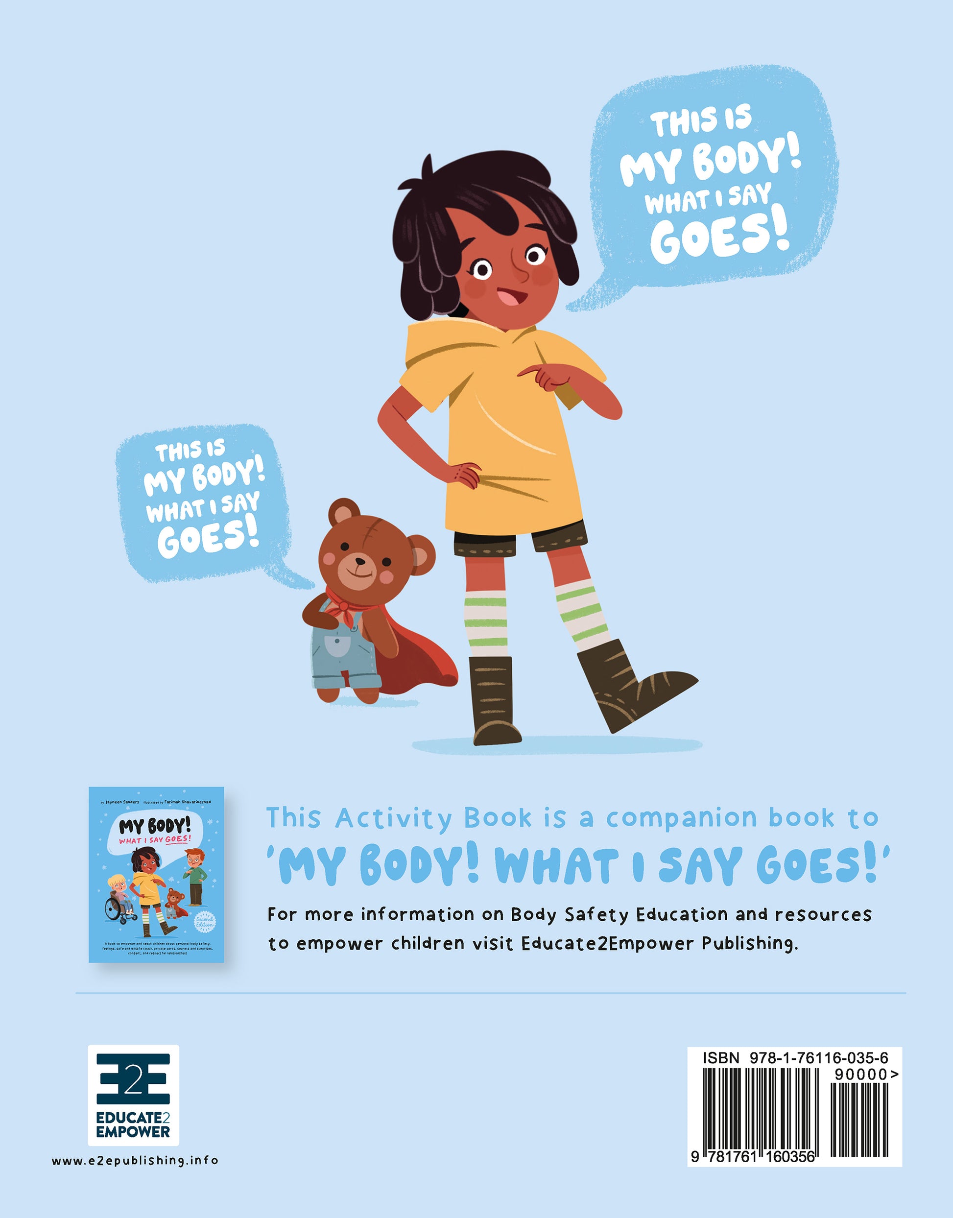 The back cover of the book ‘My Body! What I Say Goes! Activity Book’ by Jayneen Sanders.